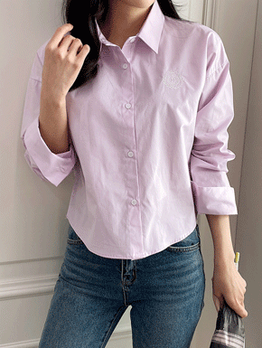 월계수 자수 포인트 오픈 카라 크롭 코튼 셔츠 여성 숏 남방